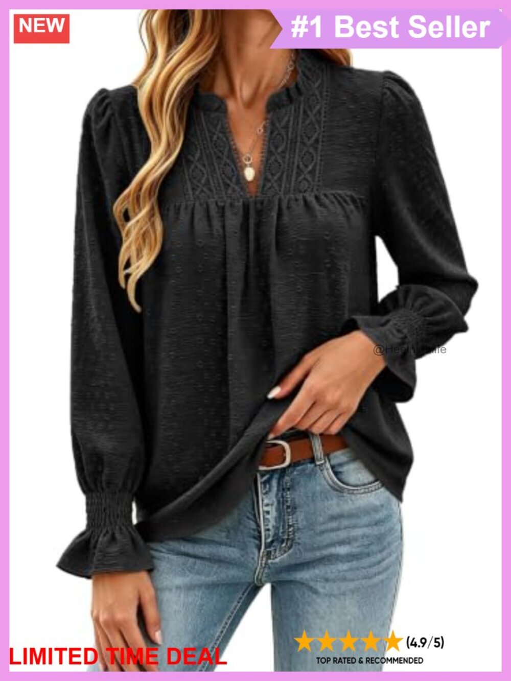 Boho Puff Long Sleeve V Neck Ruffle Blouse Swiss Dot Peasant Top